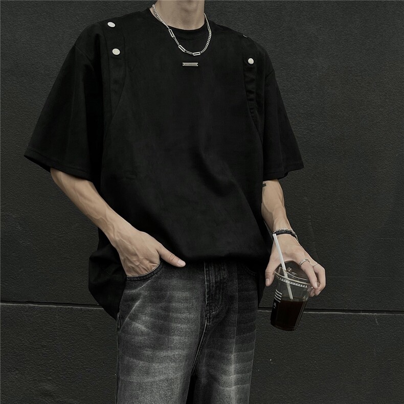 24夏季新款设计感美式高街麂皮绒情侣短袖上衣半袖男D244P38,男装T恤,电商A335-1（原A458）