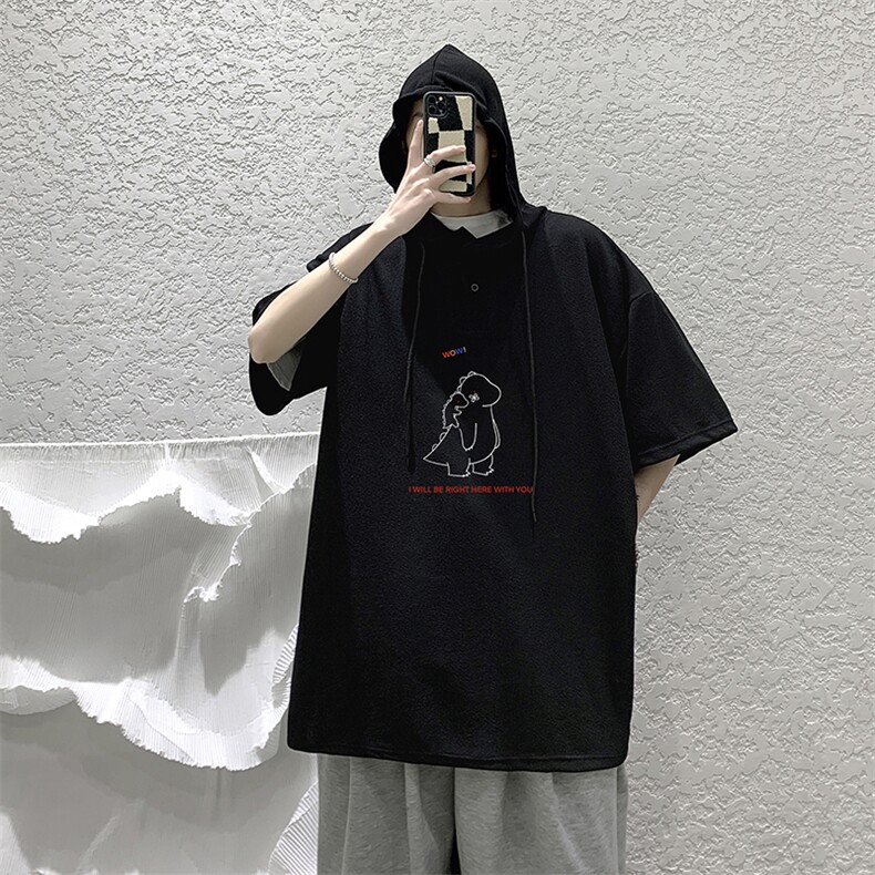 LD54140-P45连帽短袖t恤男大码胖子带帽五分袖中袖大皂风,男装T恤,电商A040