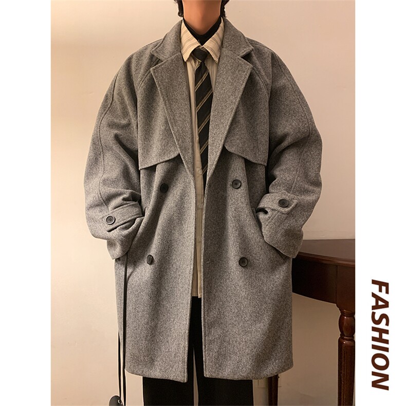N6156/P100港风双排扣毛呢中长款呢大衣男女呢料风衣宽松长外套,男装风衣,电商A141