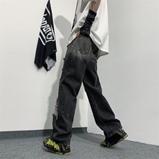 欧美hiphop炸街裤子美式复古渐变色破洞牛仔裤直筒裤潮N01459-P43，男装牛仔裤，星座308B-1