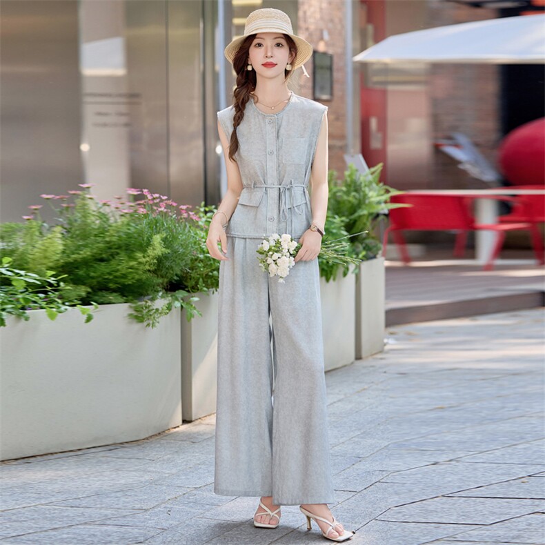 高端亚麻阔腿裤套装女夏2025新款老钱风小个子休闲时尚棉麻两件套,女装套装/套裙,魅影