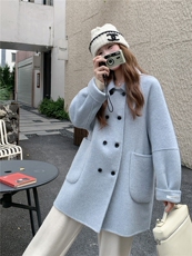 蓝色双面羊毛大衣女中长款秋冬新款韩系小个子学院风减龄毛呢外套，女装毛呢外套，韩然一族