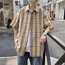 21年夏季短袖衬衫男宽松落肩港风格子衬衫男DS-C407-CS307-P35，男装衬衫，电商C323-1