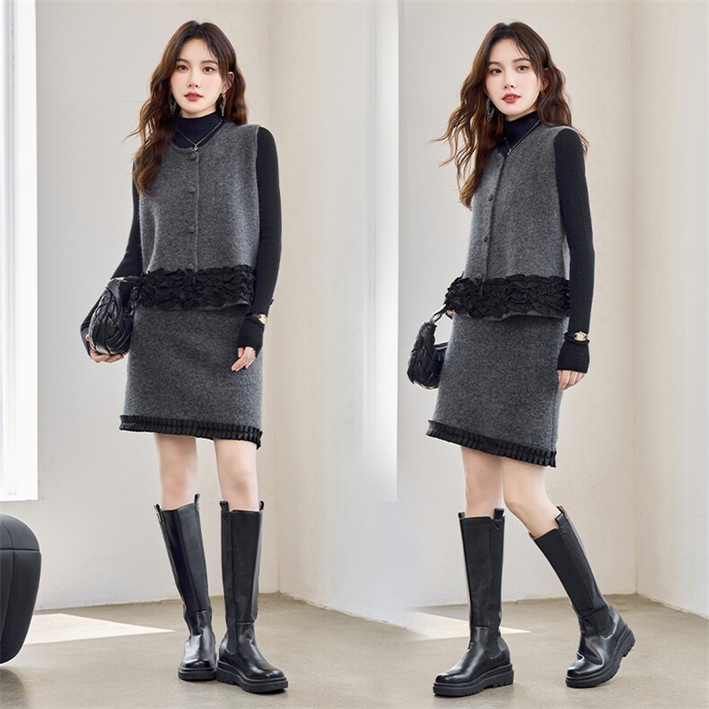 重工现货！秋季新款轻奢气质圆领重工拼接花边款时尚三件套裙女，女装套装/套裙，央宝儿