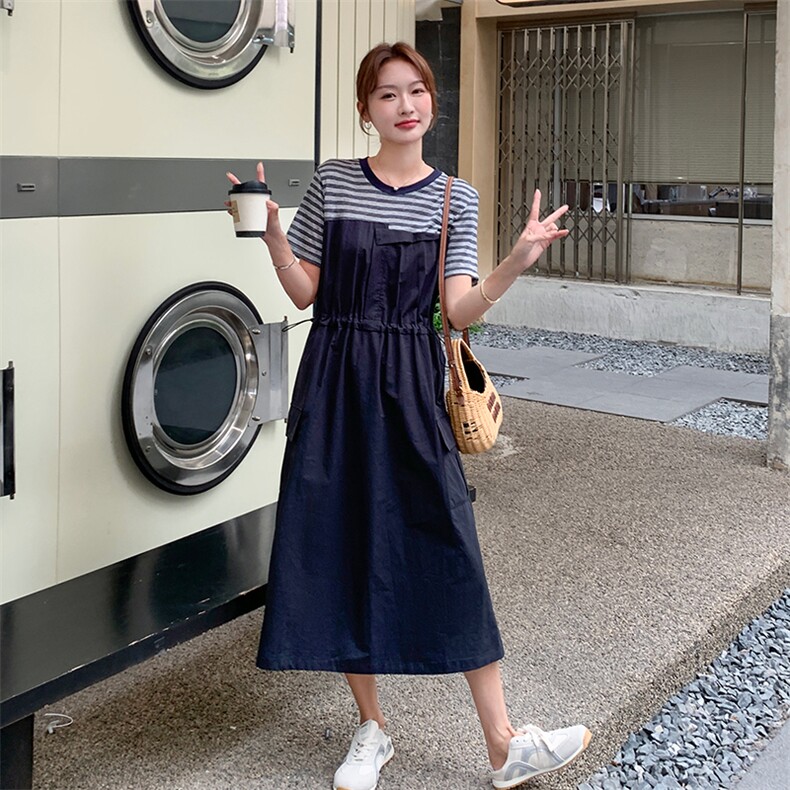 假两件条纹撞色拼接连衣裙夏季新款收腰显瘦抽绳时尚气质减龄长裙图片