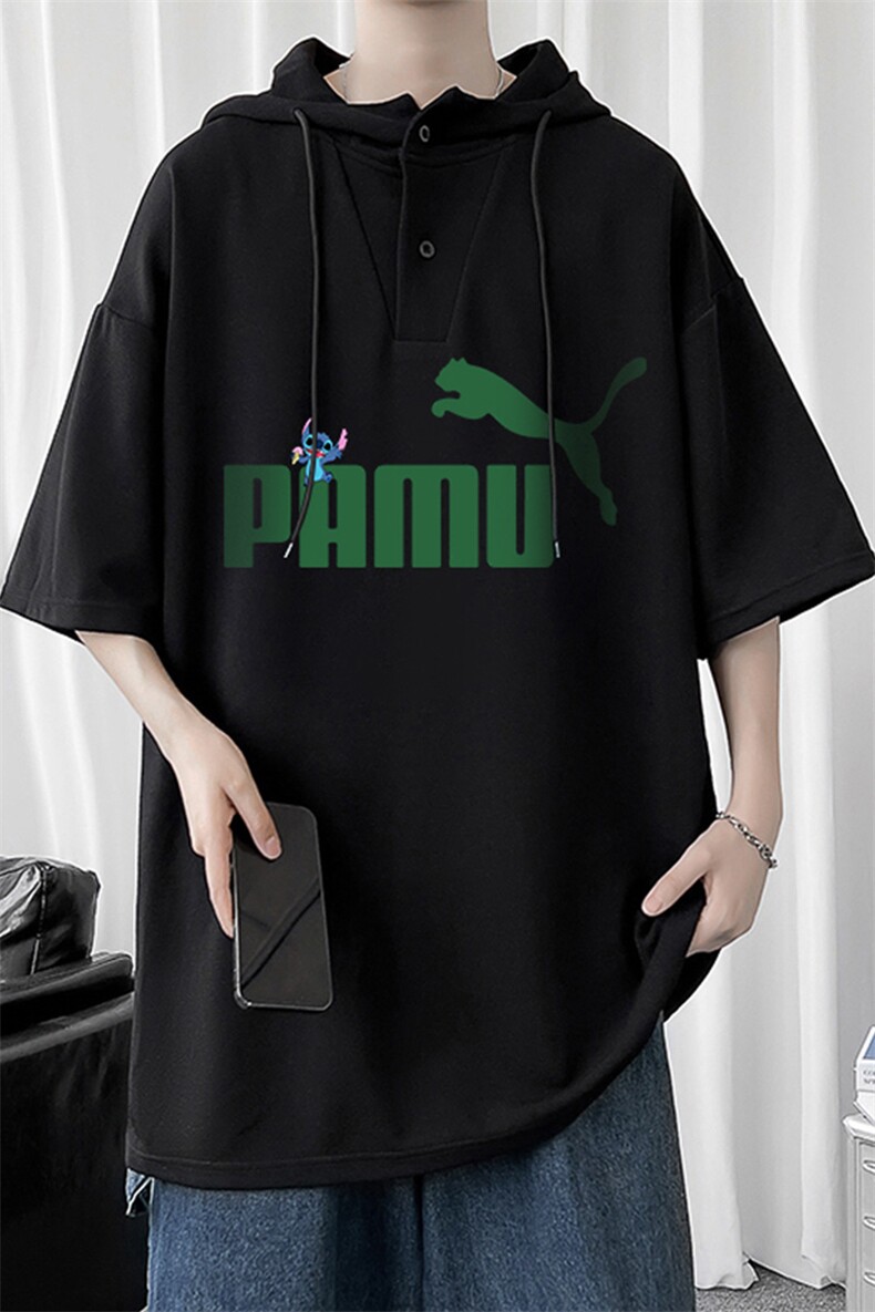 LD54227-P45连帽短袖t恤男大码胖子带帽五分袖中袖,男装T恤,电商A040