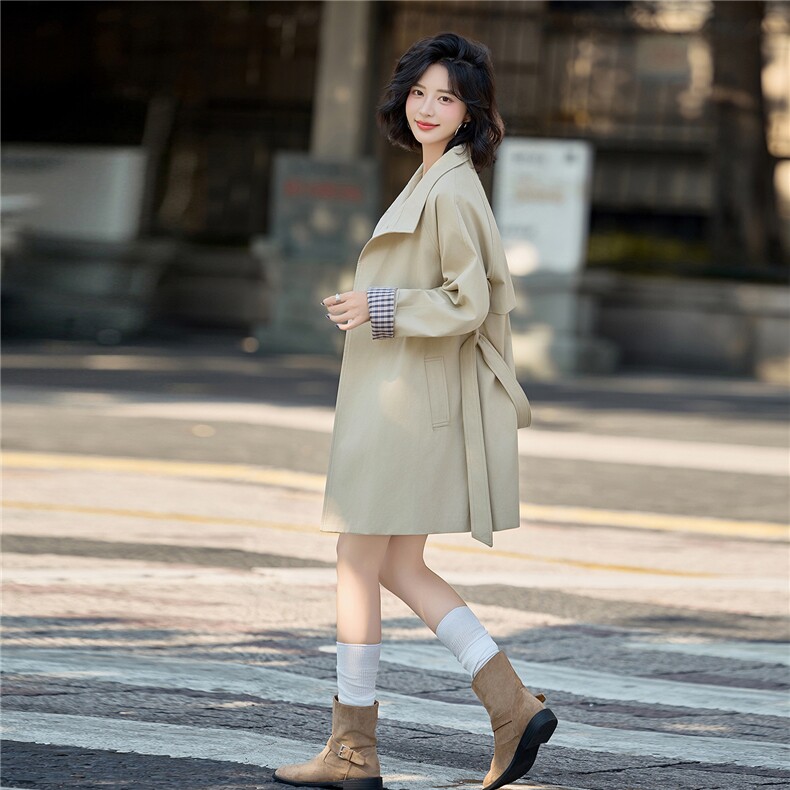风衣外套女2025秋季新款休闲小个子高级感中长款收腰大衣潮,女装风衣,美沁
