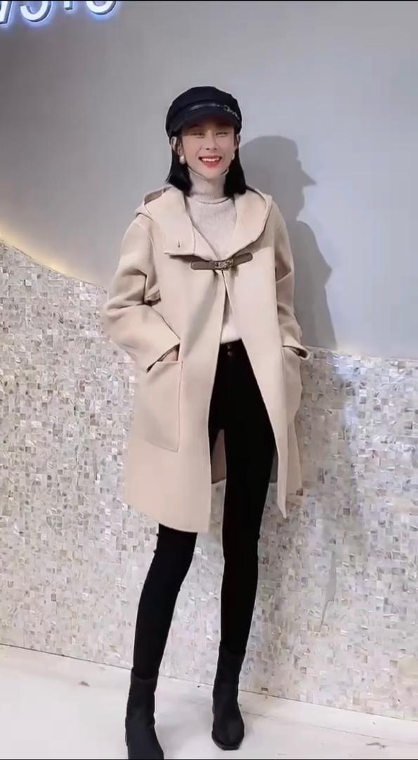 2021秋冬新款韩中长款连帽大口袋拼皮扣休闲双面呢,女装其它,L·H·X