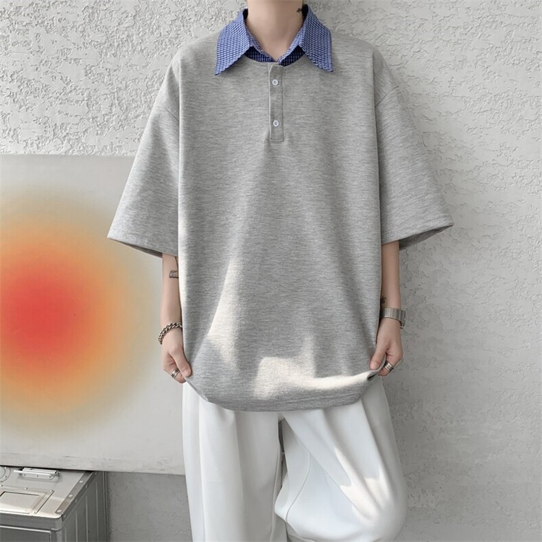 8XL-M格纹拼接假两件短袖t恤大码美式重磅polo翻领半袖DX1218/P48,男装T恤,电商B238