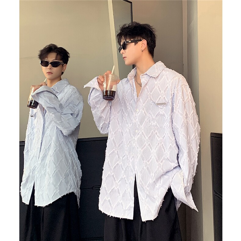 2025春秋季浅蓝色菱格磨毛长袖衬衫设计小众宽松衬衫CS90-P58,男装衬衫,电商C307
