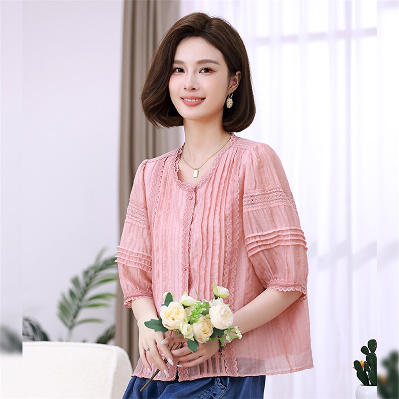 时尚甜美粉色蕾丝拼接宽松显瘦女装衬衫,女装衬衫,叶笙衣