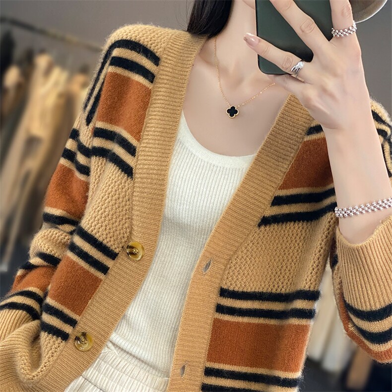 100%纯羊毛开衫女V领条纹拼色长袖毛衣秋冬羊绒外套宽松外搭上衣,女装羊毛衫,琳尚羊绒