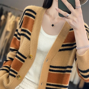 100%纯羊毛开衫女V领条纹拼色长袖毛衣秋冬羊绒外套宽松外搭上衣图片