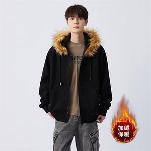 美式复古毛领拉链开衫连帽卫衣秋冬季情侣外套 A436-B069-P98图片