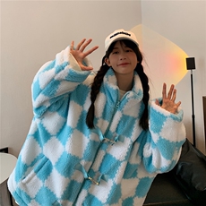 1冬季港风情侣羊羔毛棉衣男女棋盘格宽松外套女MY7535P135控178，女装棉衣/棉服，星座226-2