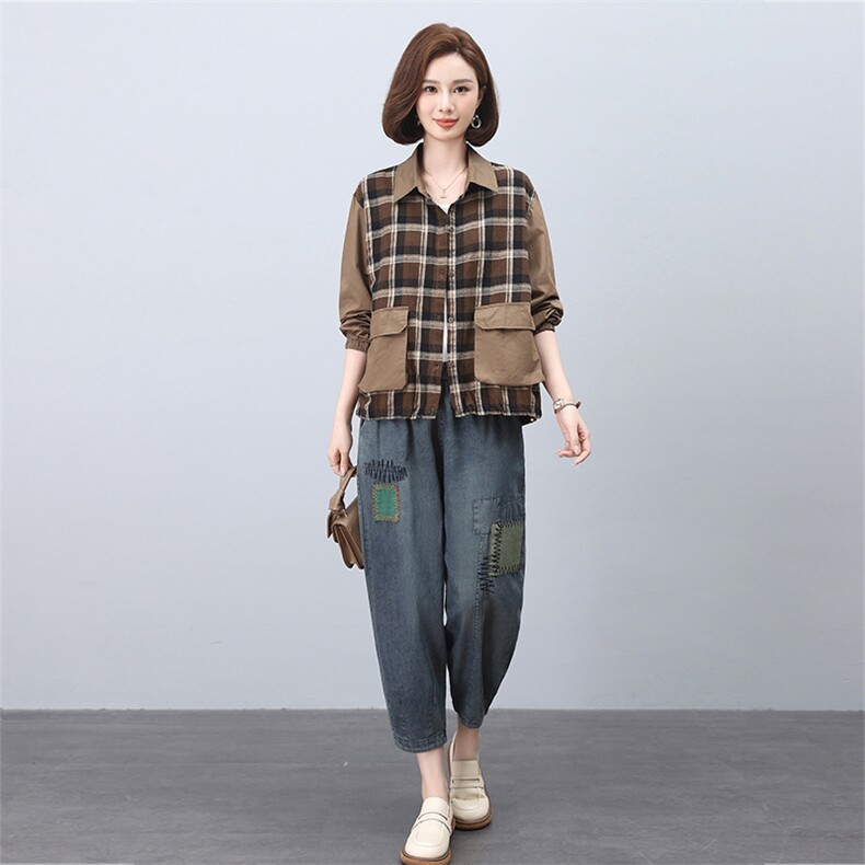 时尚格子拼接宽松休闲套装女秋冬季新款韩版显瘦长袖两件套裙子,女装套装/套裙,叶笙衣