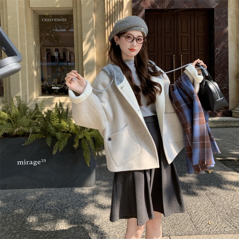 现货新款秋冬新款针织连帽拼接长袖羊绒外套女短款双面羊绒大衣潮，女装双面呢大衣，网红馆