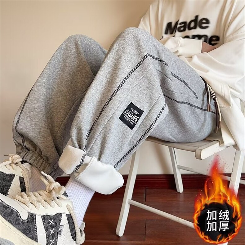 加绒加厚冬款男休闲卫裤条纹拼接贴标束脚裤大码M-5XLH37P65,男装休闲裤,星座1013-1