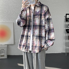 衬衫男秋冬新款港风宽松扎染格子长袖衬衣CS300-特P28，男装衬衫，星座214-3