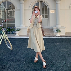 工装条纹无袖背心裙女夏季2025年新款气质短袖上衣淡人，女装连衣裙，2C285
