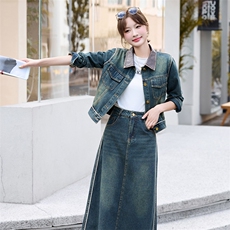 潮牌复古时尚牛仔套装女2024春秋新款洋气炸街短外套阔腿裤两件套，女装套装/套裙，江南女神