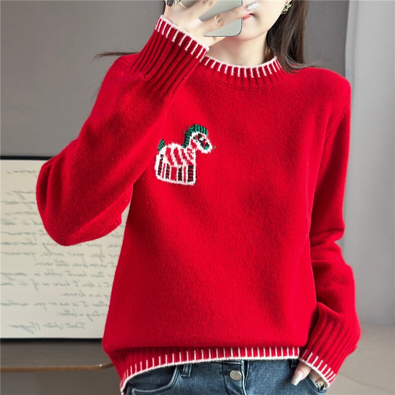 2025年秋季时尚百搭通勤简约休闲圆领羊毛衫提花撞色小马，女装羊毛衫，佰米娇羊绒