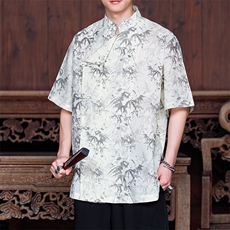 新中式现货衬衫2025夏季短袖棉麻竹叶上衣CS35-P65控89，男装T恤，电商A021