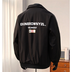 港风美式复古印花字母图案设计双袖三杠织带夹克男JK77766P75控98图片
