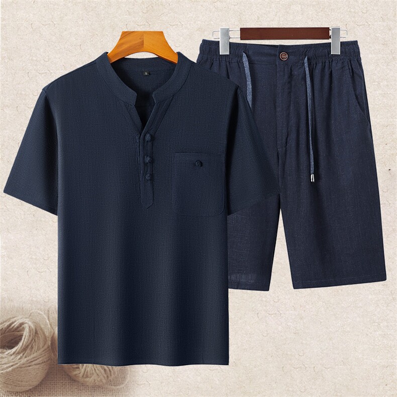 2026男士中老年风唐装复古盘扣亚麻短袖T桖套装棉麻半袖，男装休闲套装，钱塘723