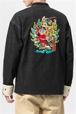 20秋冬大码唐装风牛仔夹克盘扣麒麟刺绣外套汉服JK17/P155,男装夹克,钱塘713