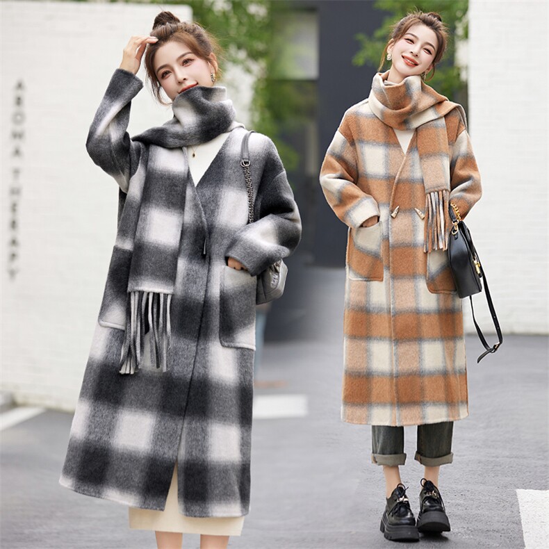 现货手工缝制双面羊毛大衣冬装新款女装时尚韩版休闲外套送围巾,女装双面呢大衣,辉煌依升