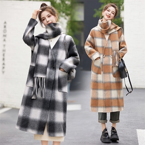 现货手工缝制双面羊毛大衣冬装新款女装时尚韩版休闲外套送围巾图片