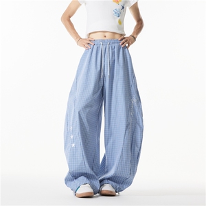 抖音品质夏季新款潮流宽松格子休闲冰丝裤B315-K25433-特p35控68图片