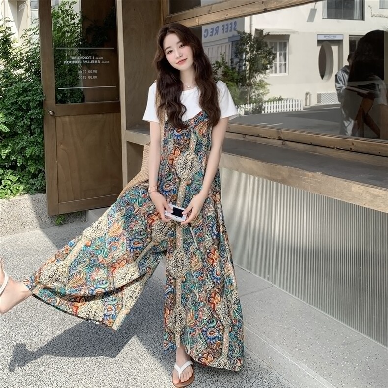 爆款波西米亚印花连体裤女夏2025新款松弛感穿搭连衣阔腿裤超好看,女装连体裤,2C105
