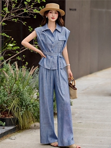 现货无袖上衣阔腿裤套装女早秋2026新款小个子炸街高级感两件套图片