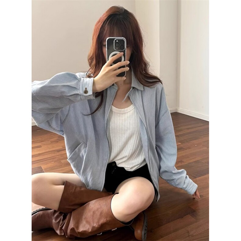 翻领长袖衬衫女春季法式条纹高级感休闲时尚水洗纯棉衬衣J1005,男装衬衫,星座1116A（原606A-3）