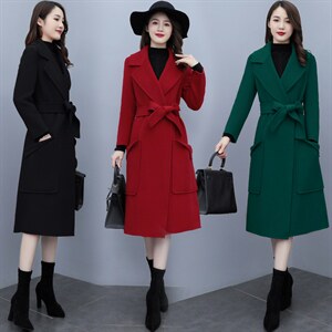 时尚简约大方系带欧版全羊毛长款大口袋双面羊绒大衣，女装毛呢外套，媚琳依坊