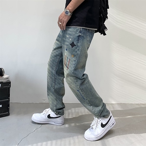 B230档2025秋冬新款重工刺绣破洞补丁宽松直筒牛仔裤男9910 P100，男装牛仔裤，电商B230