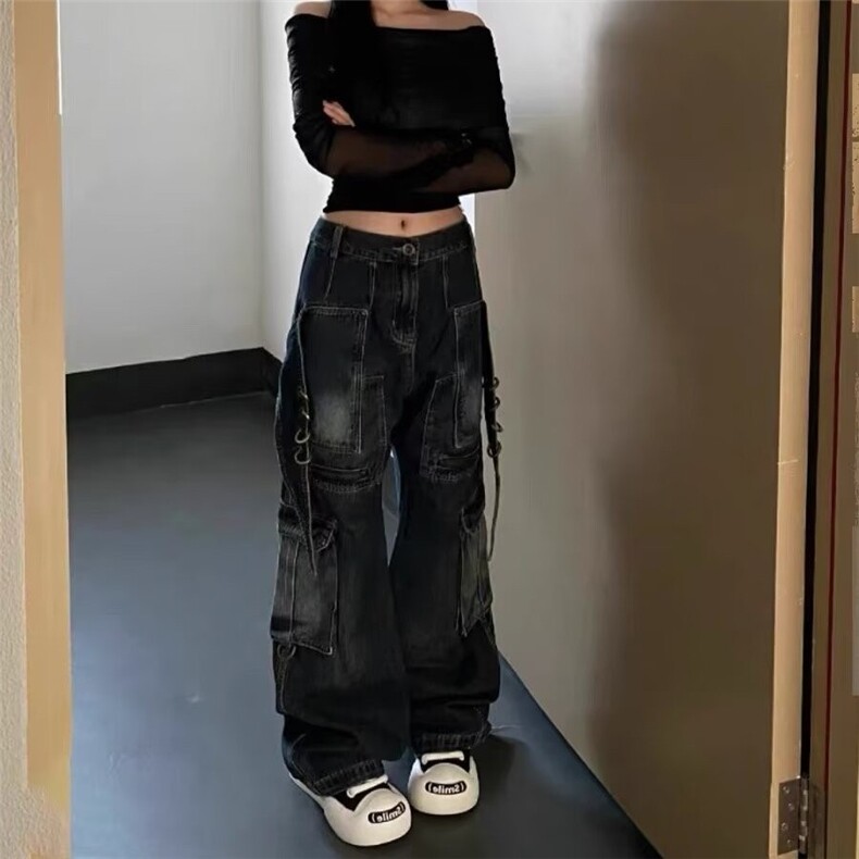 重工水洗复古工装牛仔裤女春秋季美式街头痞帅宽松小众直筒阔腿裤图片
