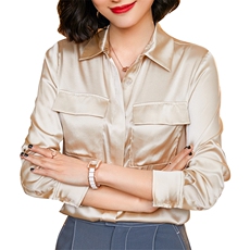 优雅气质真丝衬衫女长袖显瘦百搭职业装上衣秋季单排扣翻领衬衣，女装衬衫，宋氏羊绒
