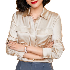 优雅气质真丝衬衫女长袖显瘦百搭职业装上衣秋季单排扣翻领衬衣图片