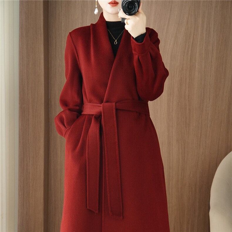秋冬季新中式高端大气女装长款双面呢羊毛大衣复古毛呢外套女，女装双面呢大衣，贝源羊绒