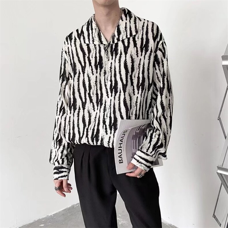 C46-P302025斑马纹长袖条纹衬衫男秋季新款新款宽松韩版上衣,男装衬衫,电商B323A