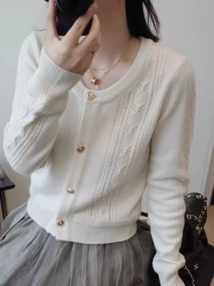 2025年秋季女士12针4扣镂空开衫,针织衫/毛衣,百纯羊绒