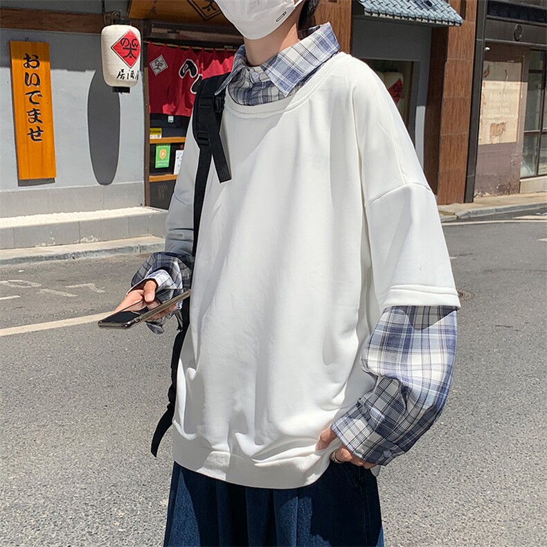 原宿风秋季港风男韩版休闲卫衣假两件格子套头外套男女W1527-P40,男装卫衣,星座512-2