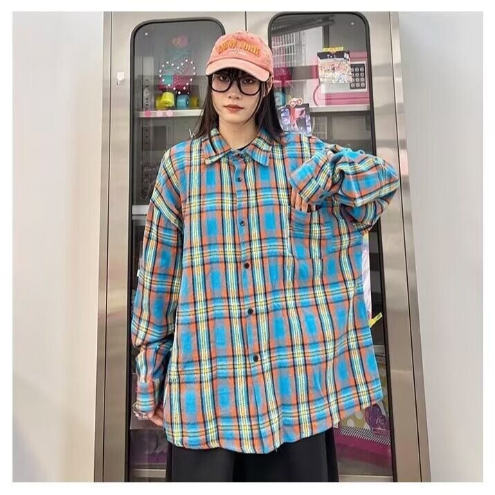 C264-P37美式高街蓝色格子衬衫男长袖vintage日系复古衬衣,男装衬衫,电商B323A