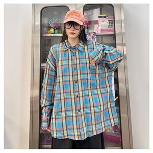 C264-P37 美式高街蓝色格子衬衫男长袖vintage日系复古衬衣图片