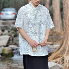 风新中式男装2026夏季大码立领竹叶棉麻印花衬衫CS35-P65-控88，男装衬衫，电商A021