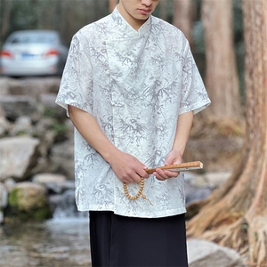 风新中式男装2026夏季大码立领竹叶棉麻印花衬衫CS35-P65-控88图片