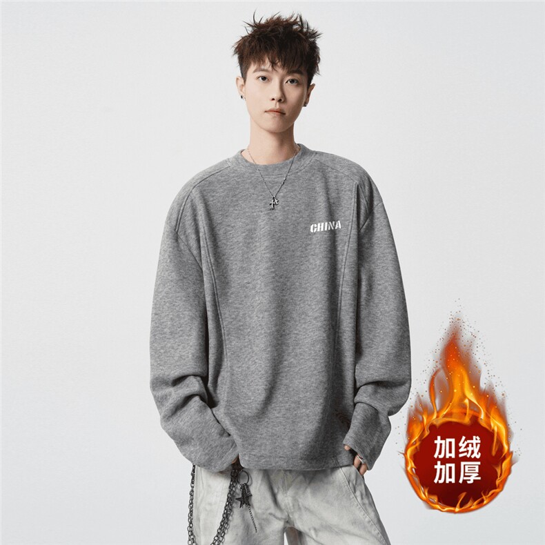 WY852-P35  原版现货！加绒加厚打底衫男生卫衣宽松情侣保暖上衣图片